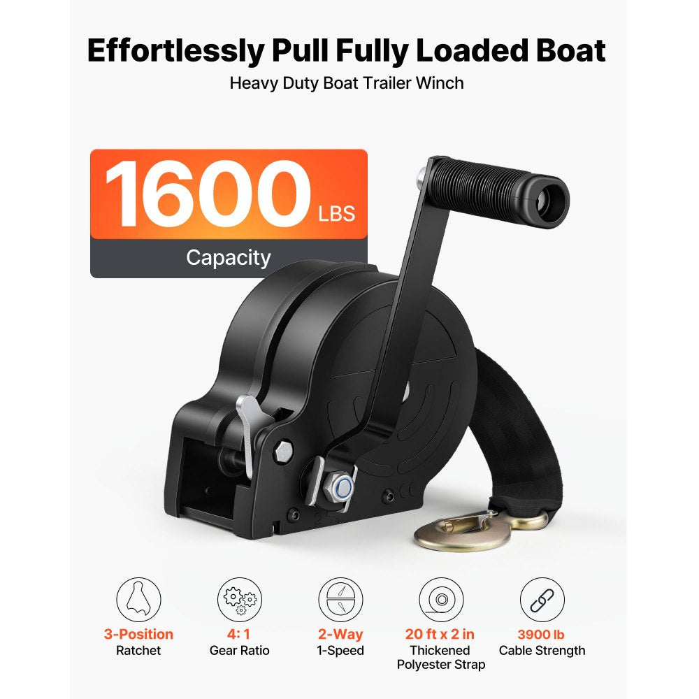 VEVOR Boat Winch, 1600 lbs Hand Winch, Heavy Duty Manual Rope Crank with 20ft Orange Polyester Strap, Portable Two-Way