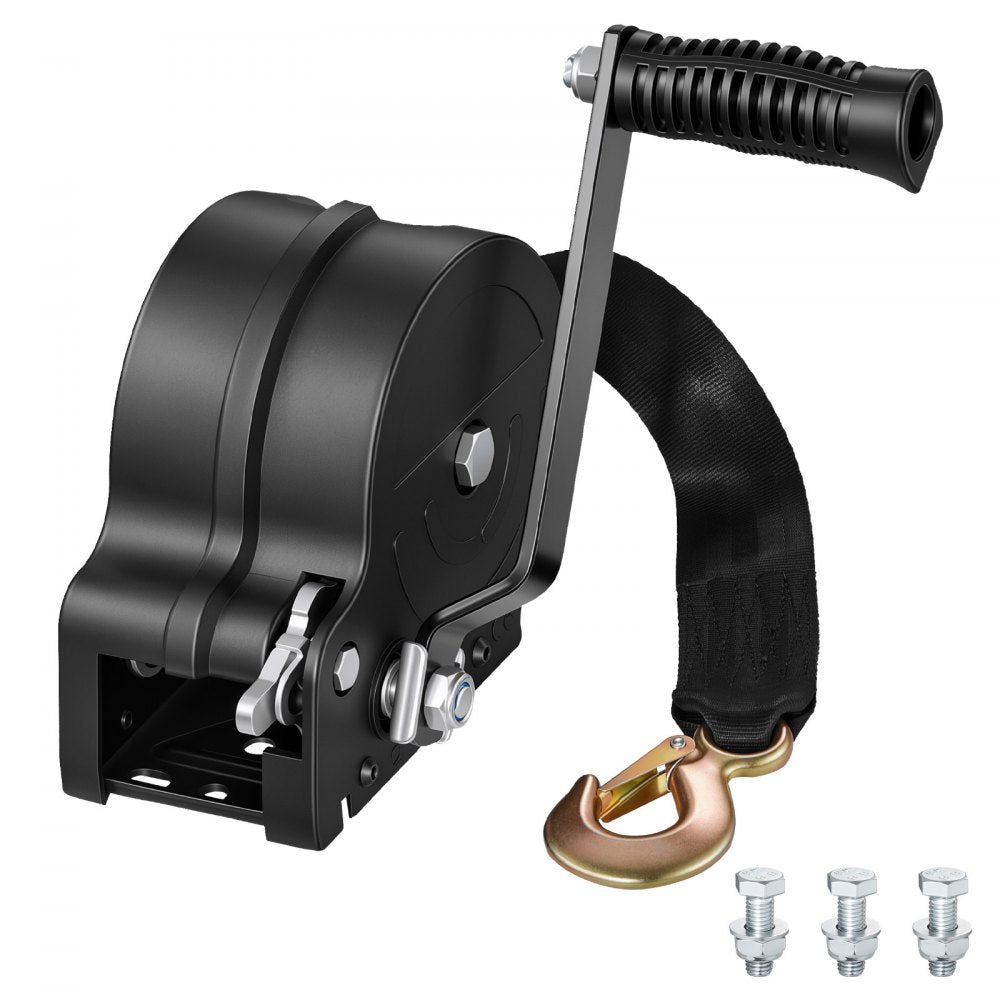 VEVOR Boat Winch, 1600 lbs Hand Winch, Heavy Duty Manual Rope Crank with 20ft Orange Polyester Strap, Portable Two-Way