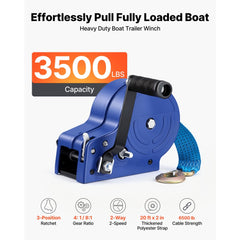 VEVOR Boat Winch, 3500 lbs Hand Winch, Heavy Duty Manual Rope Crank with 20ft Gray-Black Polyester Strap, Portable