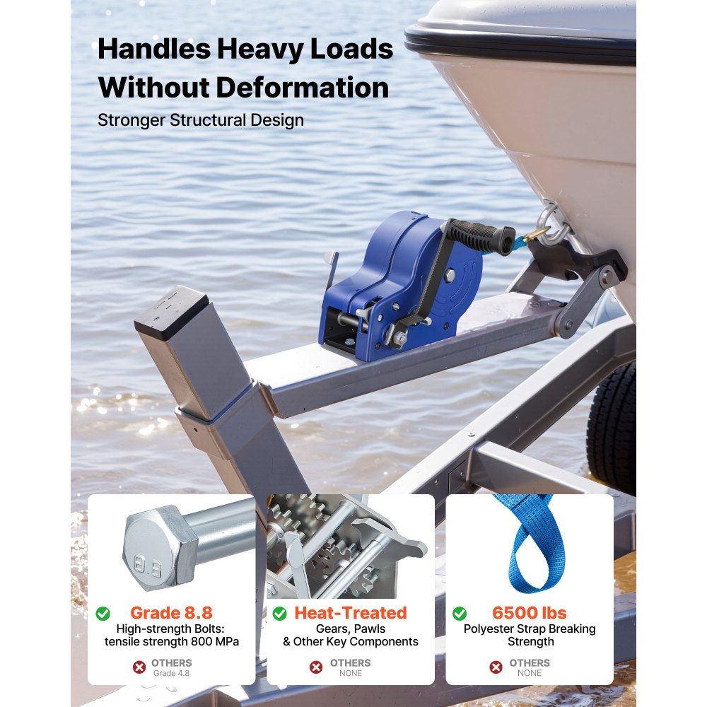 VEVOR Boat Winch, 3500 lbs Hand Winch, Heavy Duty Manual Rope Crank with 20ft Gray-Black Polyester Strap, Portable