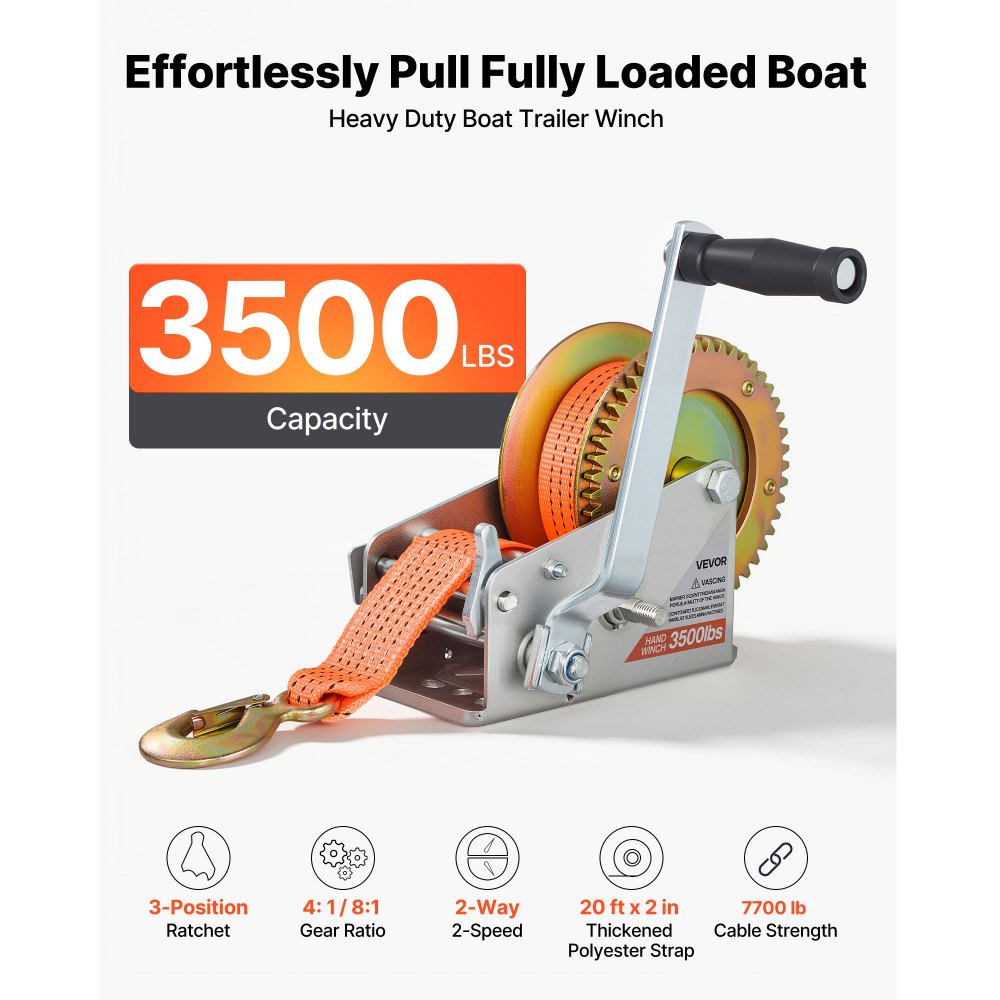 VEVOR Boat Winch, 3500 lbs Hand Winch, Heavy Duty Manual Rope Crank with 20ft Orange Polyester Strap, Portable Two-Way