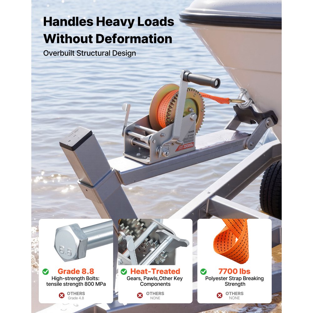 VEVOR Boat Winch, 3500 lbs Hand Winch, Heavy Duty Manual Rope Crank with 20ft Orange Polyester Strap, Portable Two-Way