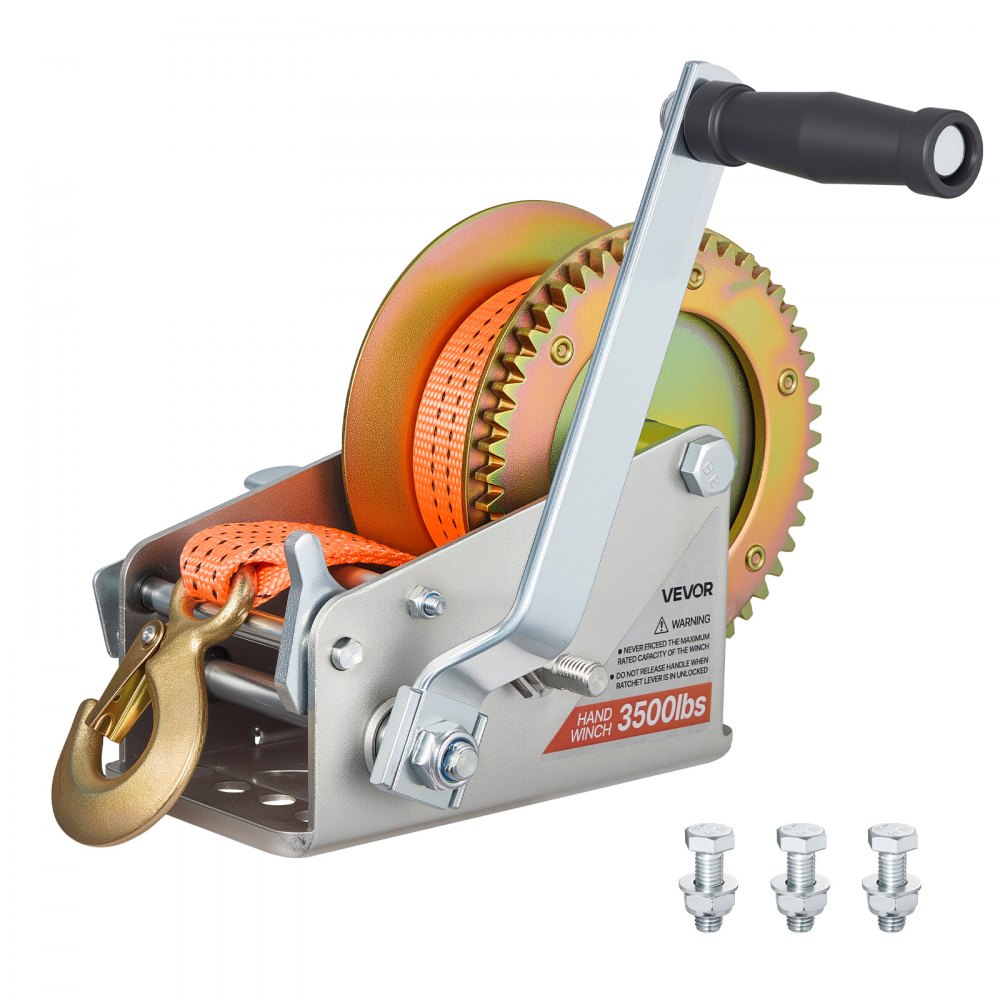VEVOR Boat Winch, 3500 lbs Hand Winch, Heavy Duty Manual Rope Crank with 20ft Orange Polyester Strap, Portable Two-Way