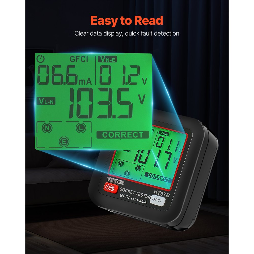 VEVOR Outlet Tester, Electrical GFCI Trip Tester, LCD Display Receptacle Detector for 7 Common Wiring Faults, 3 Prong