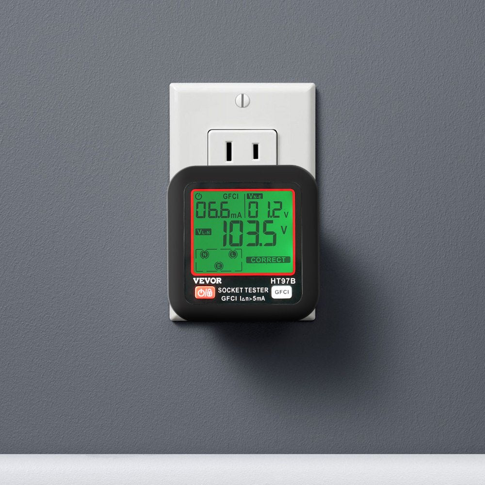 VEVOR Outlet Tester, Electrical GFCI Trip Tester, LCD Display Receptacle Detector for 7 Common Wiring Faults, 3 Prong