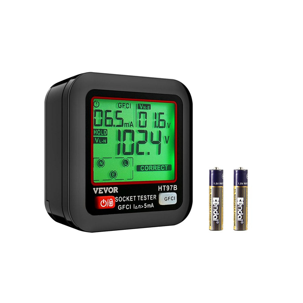 VEVOR Outlet Tester, Electrical GFCI Trip Tester, LCD Display Receptacle Detector for 7 Common Wiring Faults, 3 Prong