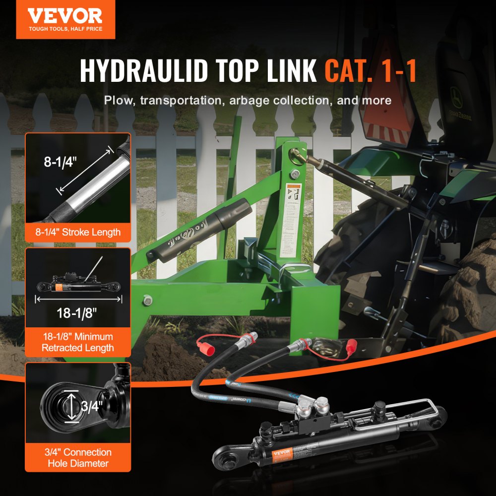 VEVOR Hydraulic Top Link Cat.1-1 (8-1/4 in, 18-1/8~26-3/8 in ), Hydraulic Cylinder with 2 Hoses & G3/8" Check Valve