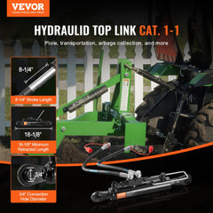 VEVOR Hydraulic Top Link Cat.1-1 (8-1/4 in, 18-1/8~26-3/8 in ), Hydraulic Cylinder with 2 Hoses & G3/8" Check Valve