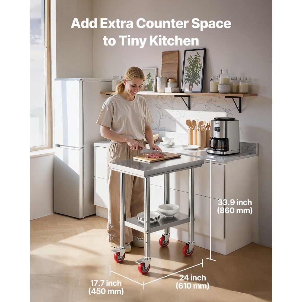 VEVOR Stainless Steel Table, 24 x 18 Inches Food Prep Worktable with Wheels, Kitchen Prep Table with Adjustable
