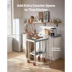 VEVOR Stainless Steel Table, 24 x 18 Inches Food Prep Worktable with Wheels, Kitchen Prep Table with Adjustable