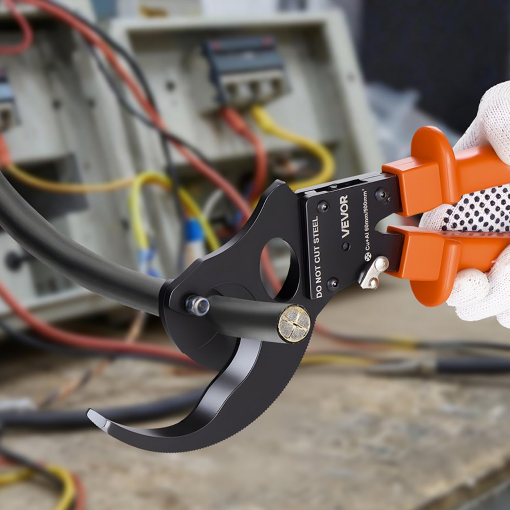 VEVOR Ratcheting Cable Cutter, Spring Steel Blades with PVC-Coated Handles, Quick-Release Button, Heavy Duty Ratchet