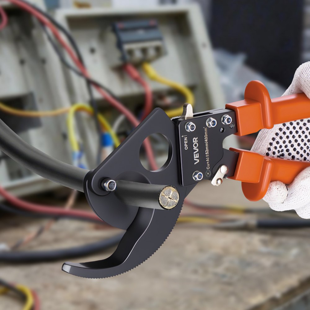 VEVOR Ratcheting Cable Cutter, Spring Steel Blades with PVC-Coated Handles, Quick-Release Button, Heavy Duty Ratchet