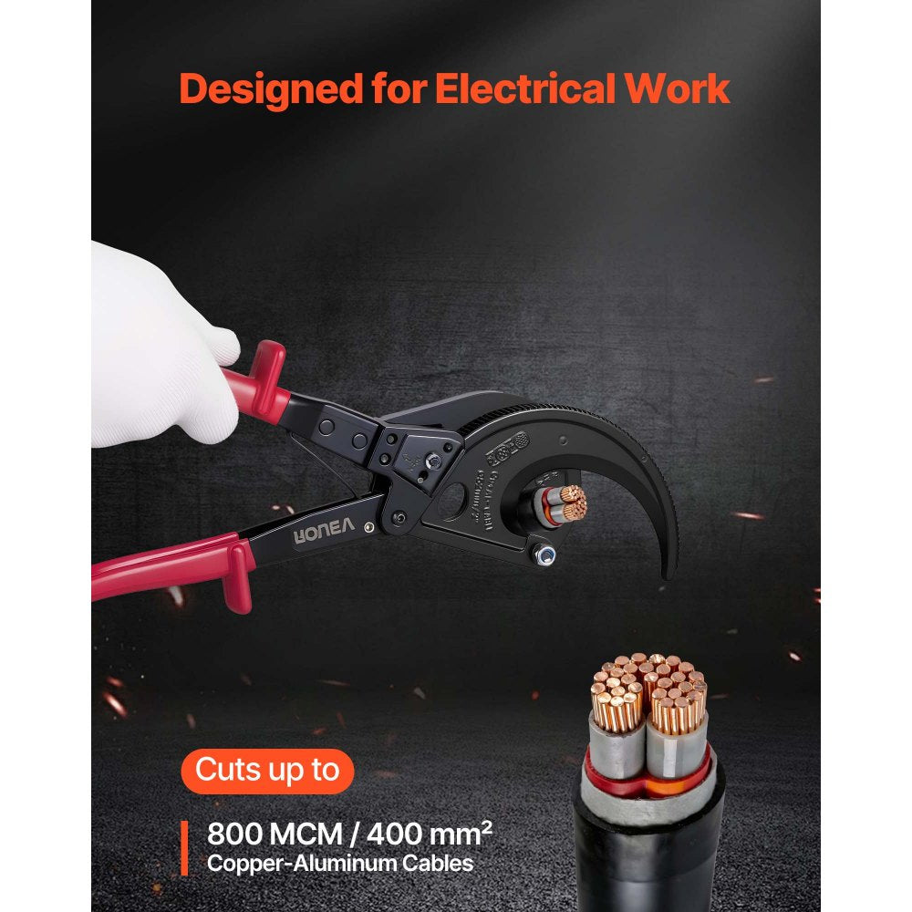 VEVOR Ratcheting Cable Cutter, Spring Steel Blades with Insulated Handles, Quick-Release Button, Heavy Duty Ratchet