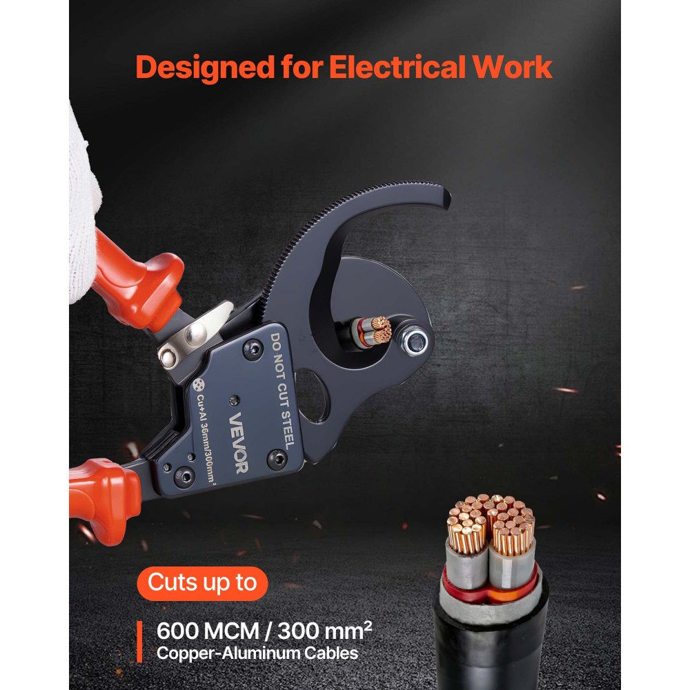 VEVOR Ratcheting Cable Cutter, Spring Steel Blades with PVC-Coated Handles, Quick-Release Button, Heavy Duty Ratchet