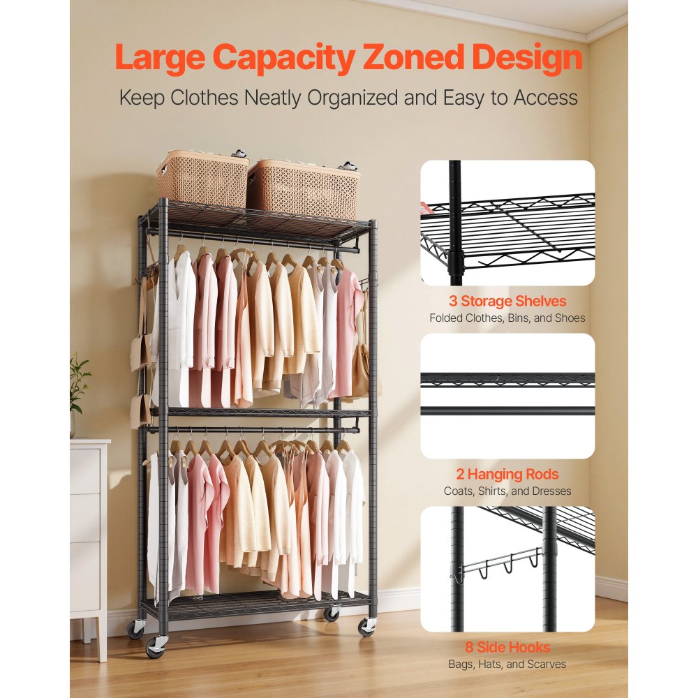 VEVOR Rolling Clothes Rack, Heavy Duty Clothing Garment Rack, 3 Adjustable Tiers Clothing Racks with Carbon Steel, 450