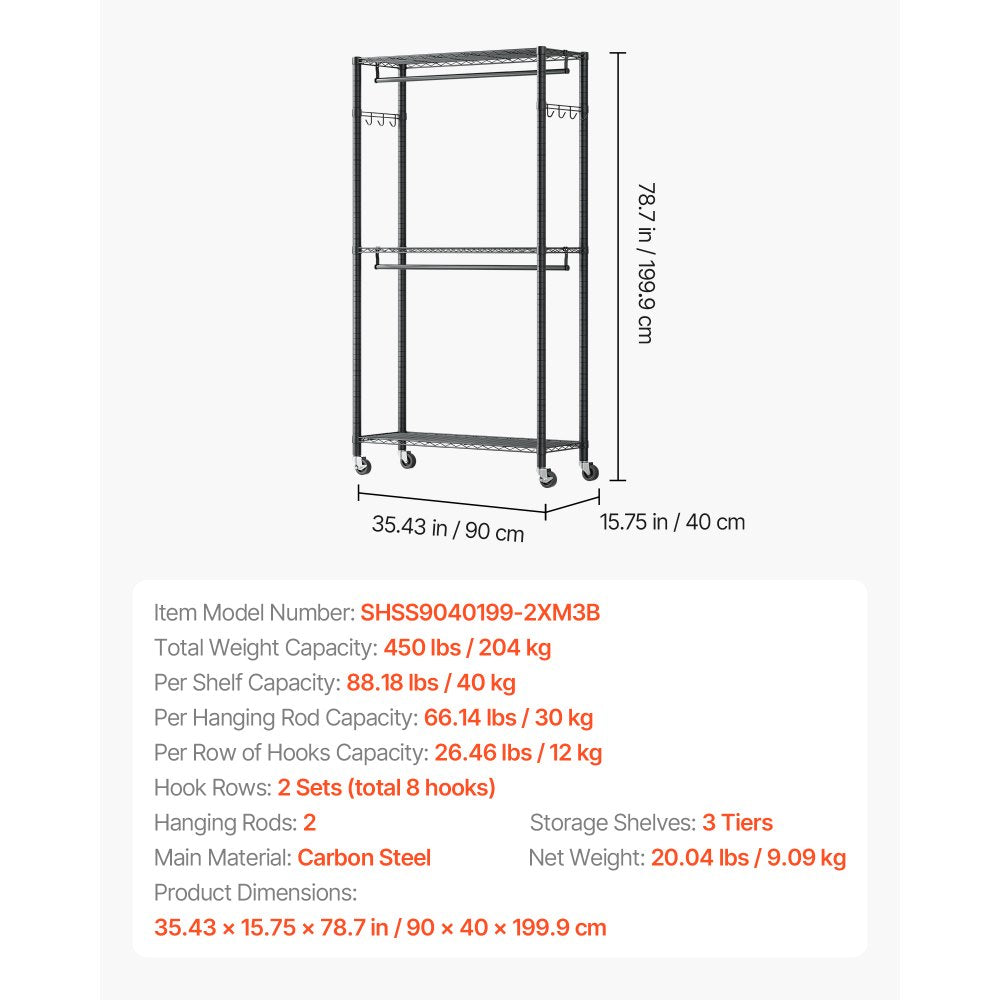 VEVOR Rolling Clothes Rack, Heavy Duty Clothing Garment Rack, 3 Adjustable Tiers Clothing Racks with Carbon Steel, 450