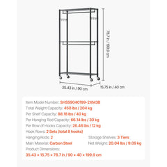 VEVOR Rolling Clothes Rack, Heavy Duty Clothing Garment Rack, 3 Adjustable Tiers Clothing Racks with Carbon Steel, 450
