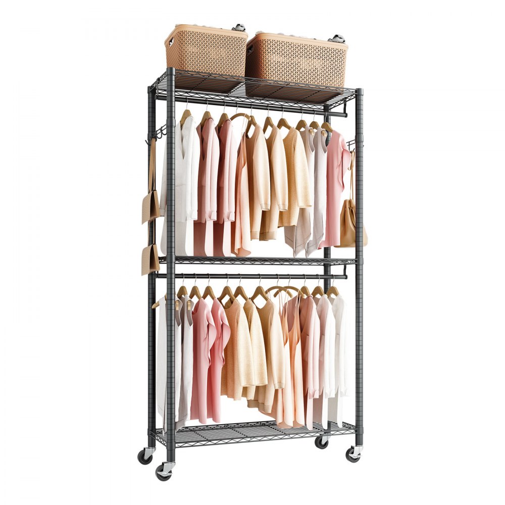 VEVOR Rolling Clothes Rack, Heavy Duty Clothing Garment Rack, 3 Adjustable Tiers Clothing Racks with Carbon Steel, 450