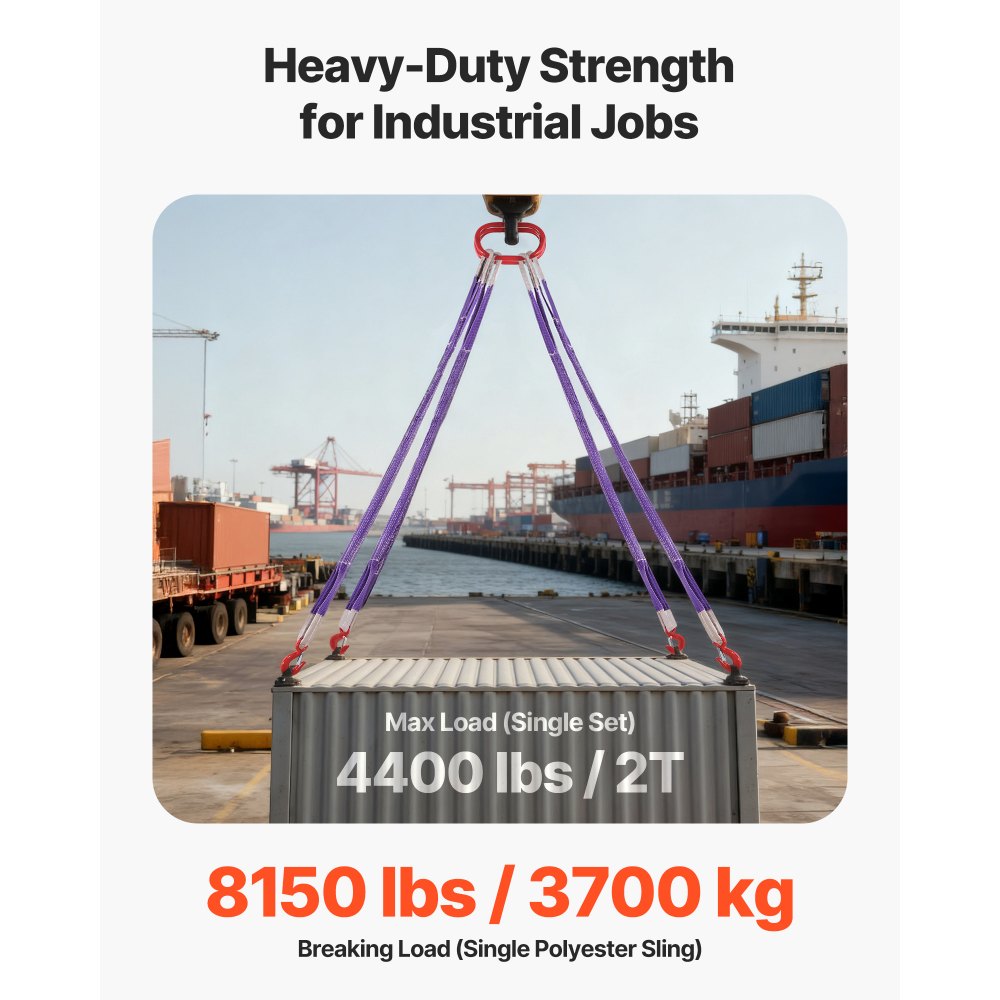 VEVOR Lifting Sling Straps, 2Pcs Two-Leg Polyester Bridle Sling with Hooks, 4400LB Capacity, 5Ft Heavy Duty Rigging