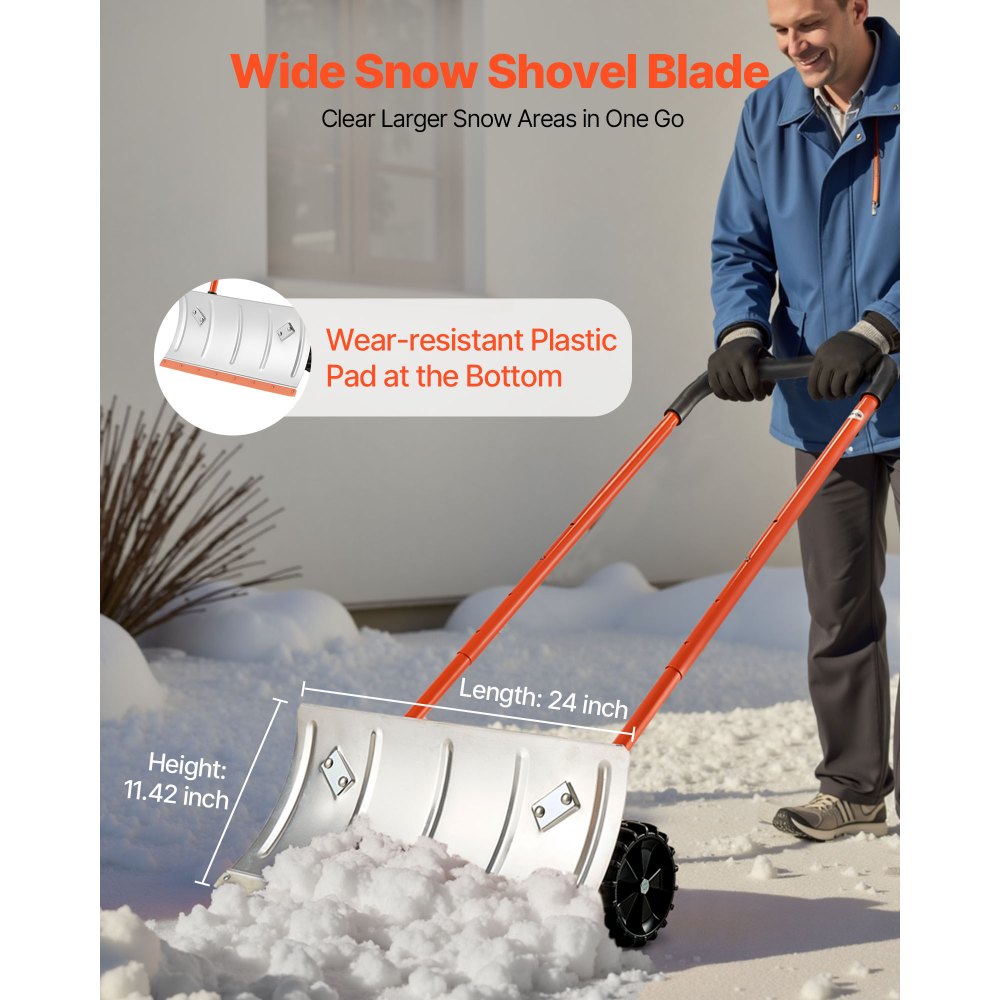 VEVOR Snow Pusher Shovel with Wheels, 24 in Wheeled Snowplow Shovel with Bi-Directional Angled Blade & 90 Degree