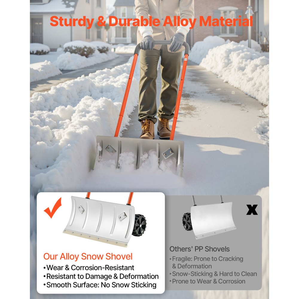 VEVOR Snow Pusher Shovel with Wheels, 24 in Wheeled Snowplow Shovel with Bi-Directional Angled Blade & 90 Degree