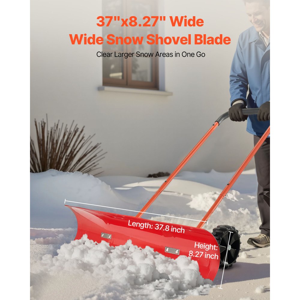 VEVOR Snow Pusher Shovel with Wheels, 37.8 in Wheeled Snowplow Shovel with Bi-Directional Angled Blade & 90° Adjustable