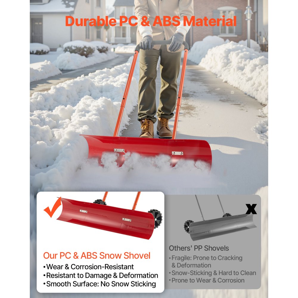 VEVOR Snow Pusher Shovel with Wheels, 37.8 in Wheeled Snowplow Shovel with Bi-Directional Angled Blade & 90° Adjustable