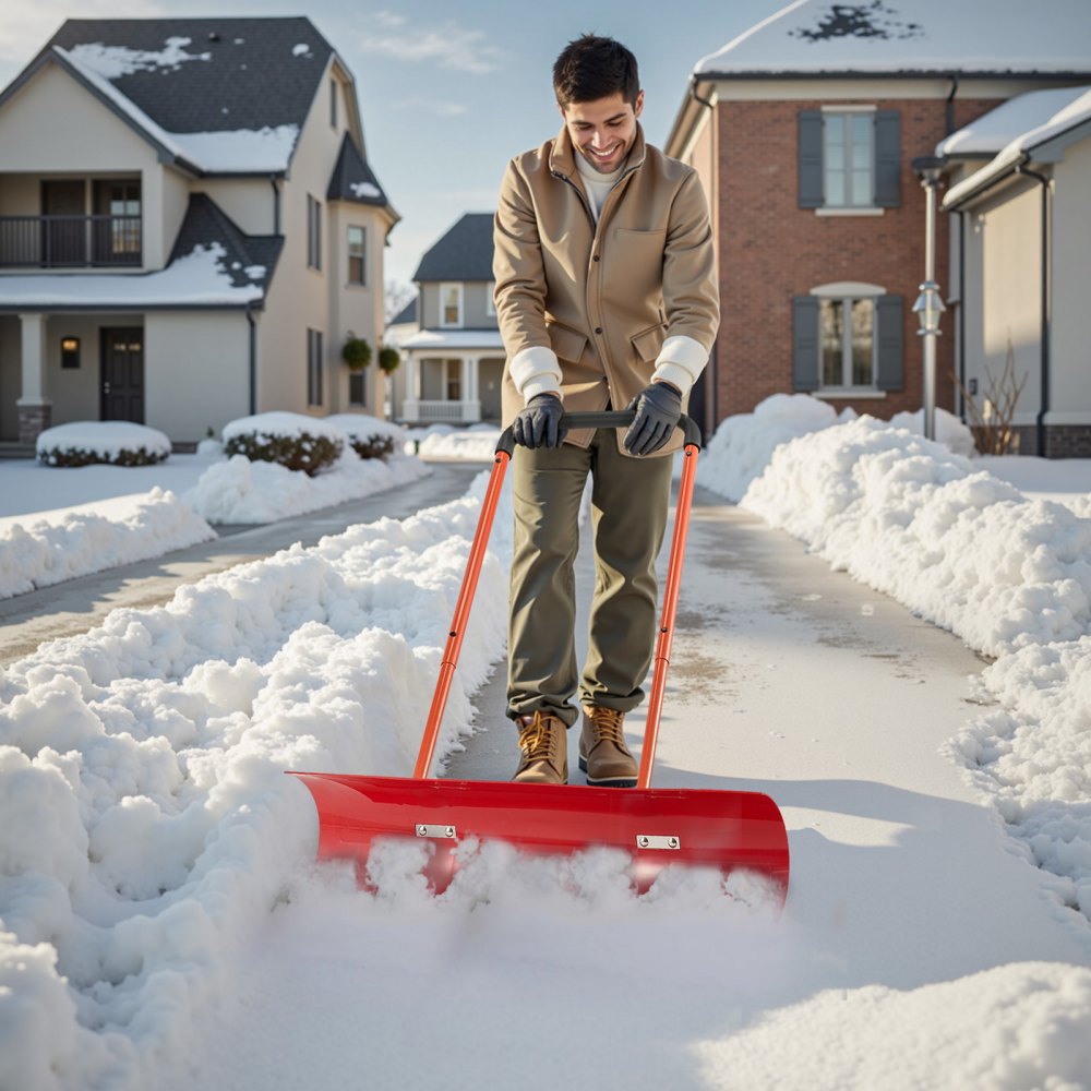 VEVOR Snow Pusher Shovel with Wheels, 37.8 in Wheeled Snowplow Shovel with Bi-Directional Angled Blade & 90° Adjustable