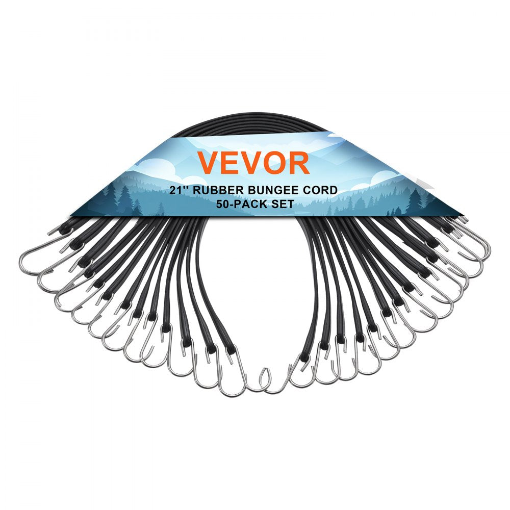 VEVOR 50 Piece Flat Bungee Cord, 19.8 mm Heavy Duty Bungee Straps with Steel S-Hooks, 21" Elastic Bungee Rope for