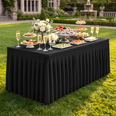 VEVOR Spandex Tablecloth with Skirt, 6 ft Rectangular Covers, 2 Pack, Black, for Party Wedding Banquet Festival, Washable, Reusable, One-Piece, Tight, Fitted Table Cloth with Pleated Skirt | VEVOR US