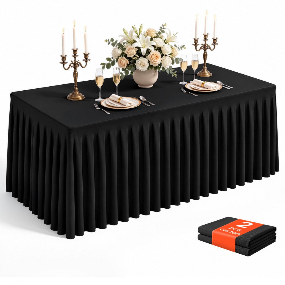VEVOR Spandex Tablecloth with Skirt, 6 ft Rectangular Covers, 2 Pack, Black, for Party Wedding Banquet Festival, Washable, Reusable, One-Piece, Tight, Fitted Table Cloth with Pleated Skirt | VEVOR US