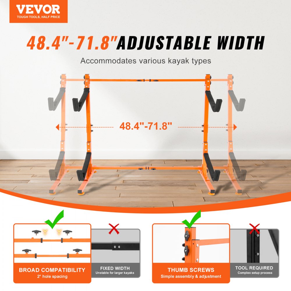 VEVOR Freestanding Kayak Storage Rack, Kayak Stand for 2 Kayak Canoe Paddleboard, Heavy-duty Steel Kayak Hanger Holder