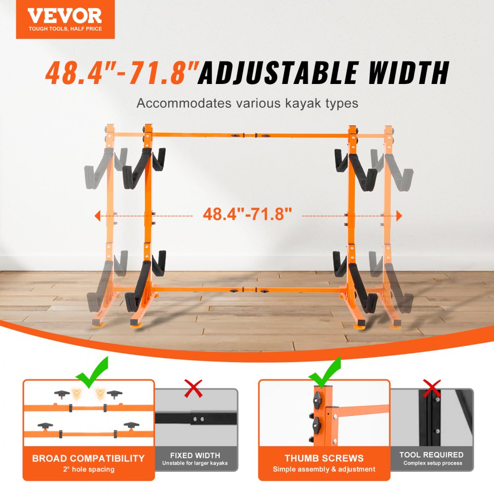 VEVOR Freestanding Kayak Storage Rack, Kayak Stand for 4 Kayak Canoe Paddleboard, Heavy-duty Steel Kayak Hanger Holder
