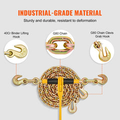 VEVOR Chain and Binder Kit, 3/8"-1/2" Ratchet Load Binders 9200 lbs Working Load Limit, 3/8" x 10' G80 Chains with Grab