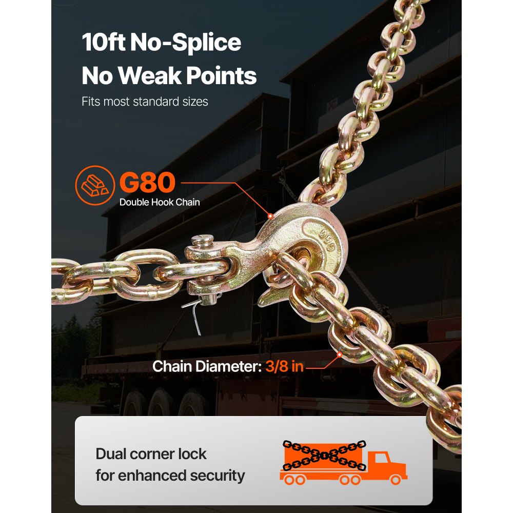 VEVOR Ratchet Chain Binder, 3/8 in x 10 ft G80 Chains, 9200 lbs Working Load of Ratchet Load Binder, Chains and Binders