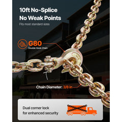 VEVOR Ratchet Chain Binder, 3/8 in x 10 ft G80 Chains, 9200 lbs Working Load of Ratchet Load Binder, Chains and Binders