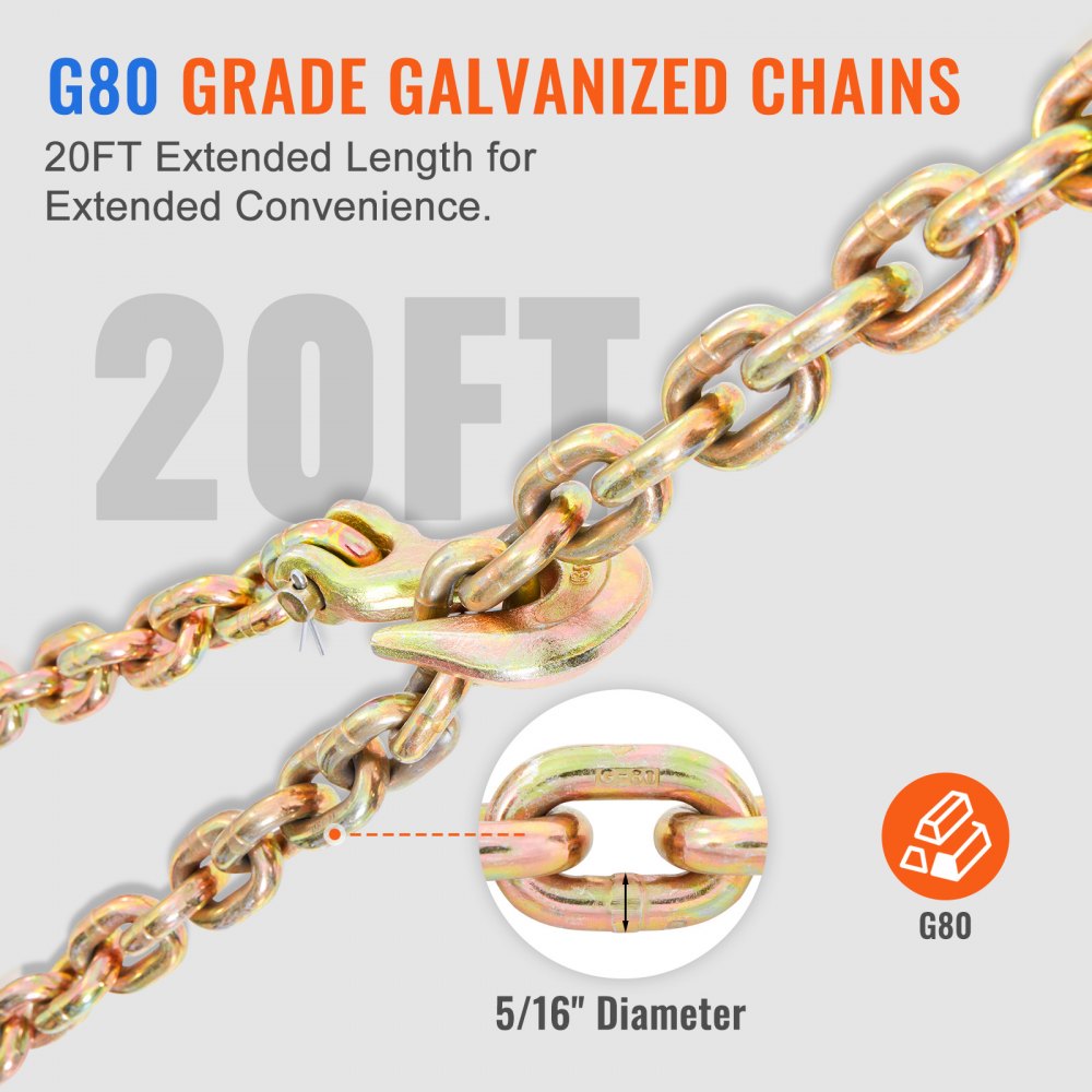 VEVOR Ratchet Chain Binder 2PCS, 3/8"-1/2" Heavy Duty Load Binders, with G80 Chains 12000 lbs Secure Load Limit