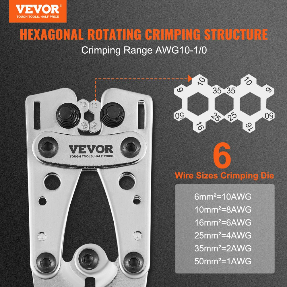 VEVOR Battery Cable Lug Crimping Tool, 10-1/0AWG with Cable Cutter and 48PCS Copper Ring Terminals, 6 Wire Sizes