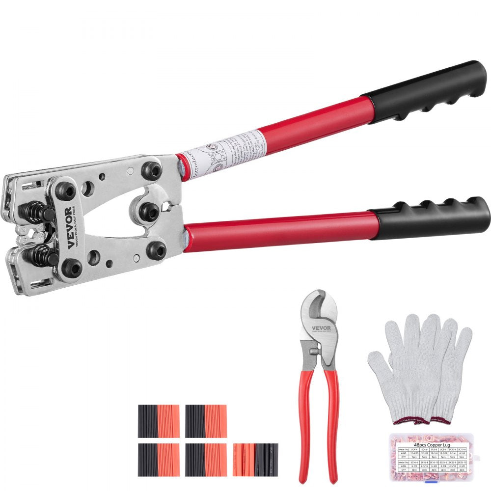VEVOR Battery Cable Lug Crimping Tool, 10-1/0AWG with Cable Cutter and 48PCS Copper Ring Terminals, 6 Wire Sizes