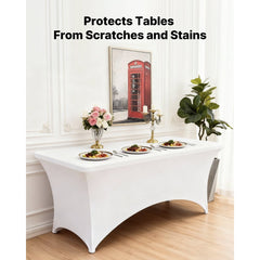 VEVOR 6 Pack Table Cloth for 8FT Rectangular Fitted Events, Wrinkle-Resistant Stretch White Table Covers, Washable