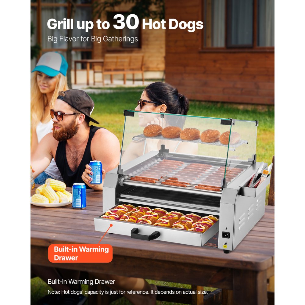 VEVOR Hot Dog Roller, 30 Hot Dog 11 Rollers, Stainless Steel Sausage Grill Cooker, 1950W Hot Dog Machine with Bun