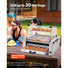 VEVOR Hot Dog Roller, 30 Hot Dog 11 Rollers, Stainless Steel Sausage Grill Cooker, 1950W Hot Dog Machine with Bun