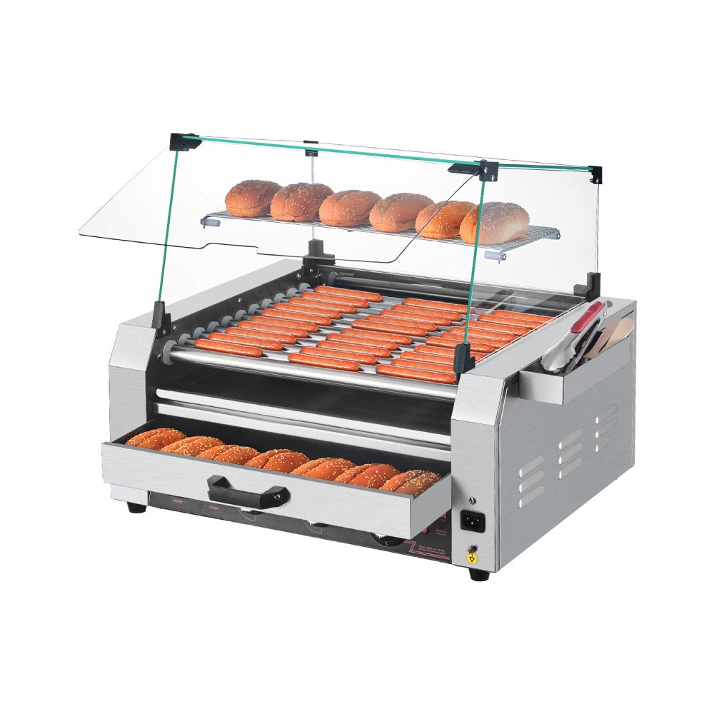 VEVOR Hot Dog Roller, 30 Hot Dog 11 Rollers, Stainless Steel Sausage Grill Cooker, 1950W Hot Dog Machine with Bun