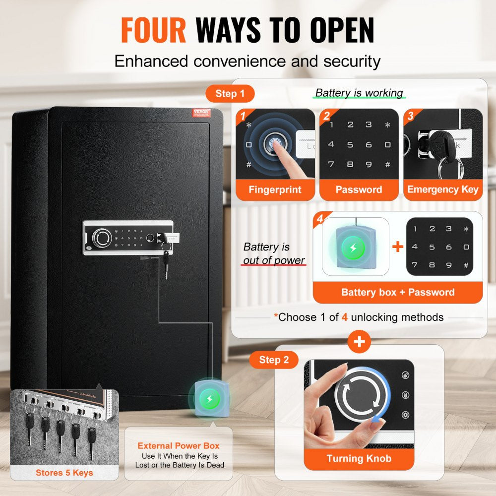 VEVOR Single Door 4.0 cu.ft Safe Box with Key Lock, Password & Fingerprint, Safe Lock Box with Fireproof Bag, Key Rack