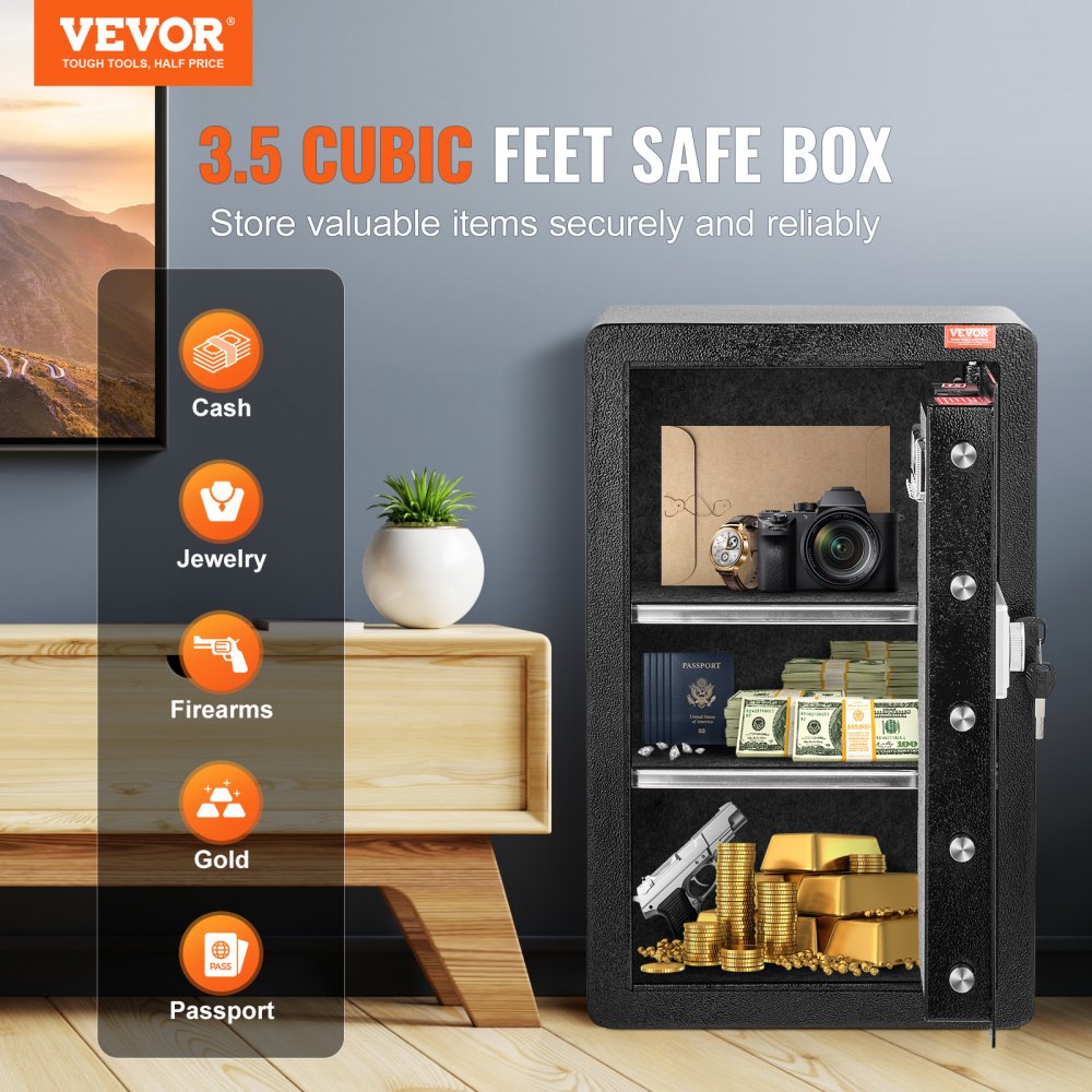 VEVOR Single Door 3.5 cu.ft Safe Box with Key Lock & Password, Safe Lock Box with Fireproof Bag, Key Rack, LED Light