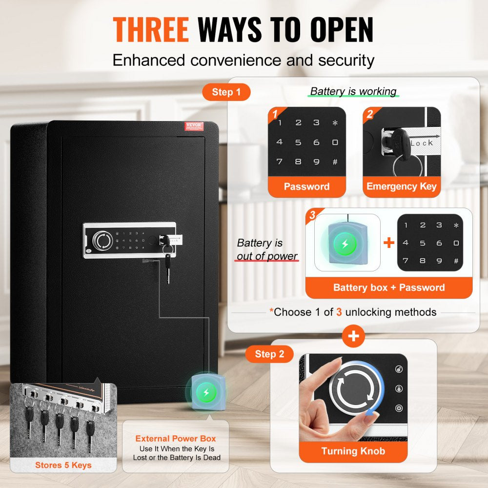 VEVOR Single Door 3.5 cu.ft Safe Box with Key Lock & Password, Safe Lock Box with Fireproof Bag, Key Rack, LED Light