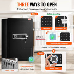 VEVOR Single Door 3.5 cu.ft Safe Box with Key Lock & Password, Safe Lock Box with Fireproof Bag, Key Rack, LED Light