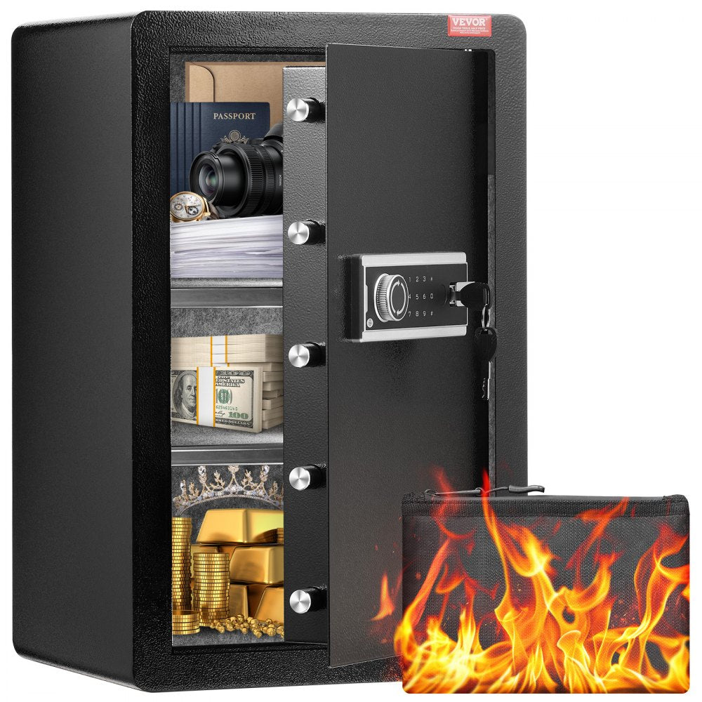 VEVOR Single Door 3.5 cu.ft Safe Box with Key Lock & Password, Safe Lock Box with Fireproof Bag, Key Rack, LED Light