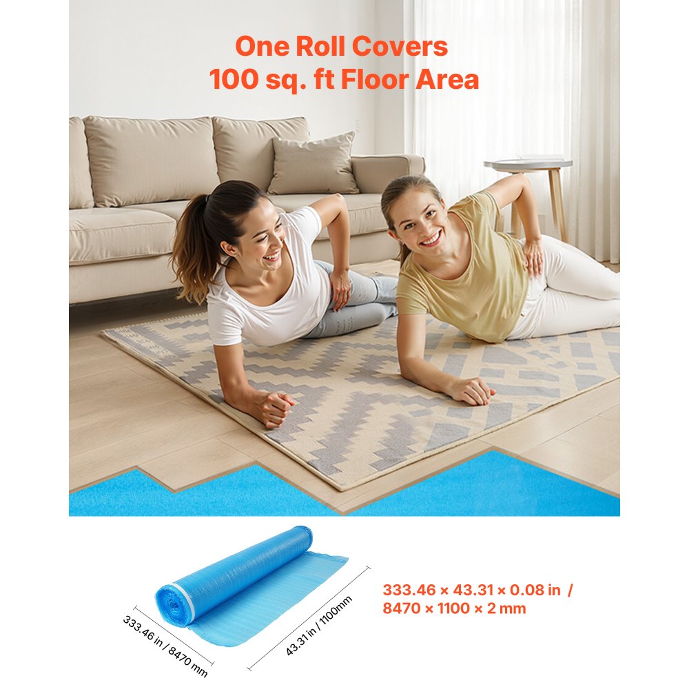 VEVOR Floor Underlayment 600 sq. ft, 3-in-1 2 mm Thick Flooring Padding with Tape & Vapor Barrier, Heavy Duty EPE Foam