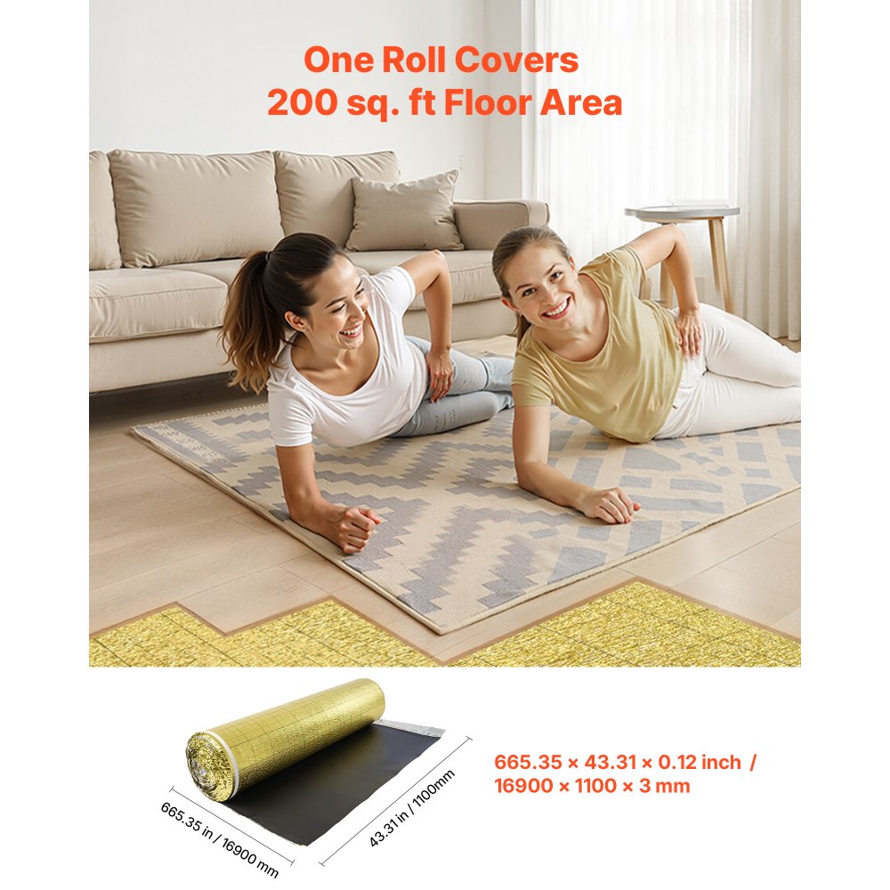 VEVOR Floor Underlayment 200 sq. ft/Roll, 3-in-1 3 mm Thick Flooring Padding with Tape & Vapor Barrier, Heavy Duty EPE